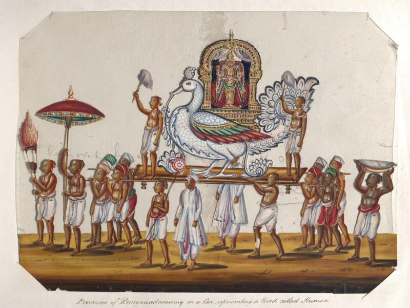 One of twenty mica paintings depicting Hindu deities and festival processions with decorated cars.
