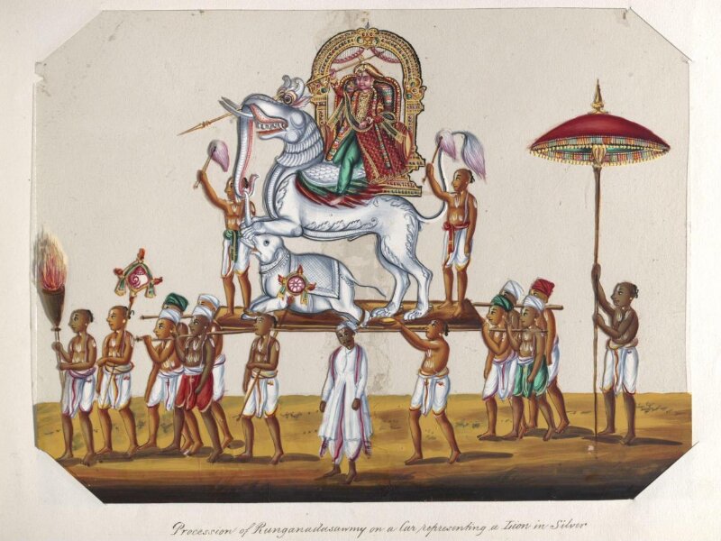 One of twenty mica paintings depicting Hindu deities and festival processions with decorated cars.