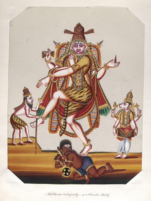 One of sixteen mica paintings depicting Hindu deities and festival processions with decorated cars.