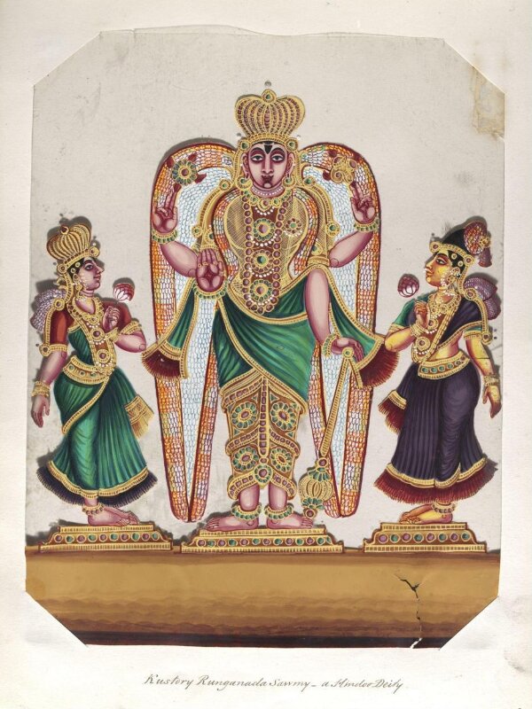 One of sixteen mica paintings depicting Hindu deities and festival processions with decorated cars.