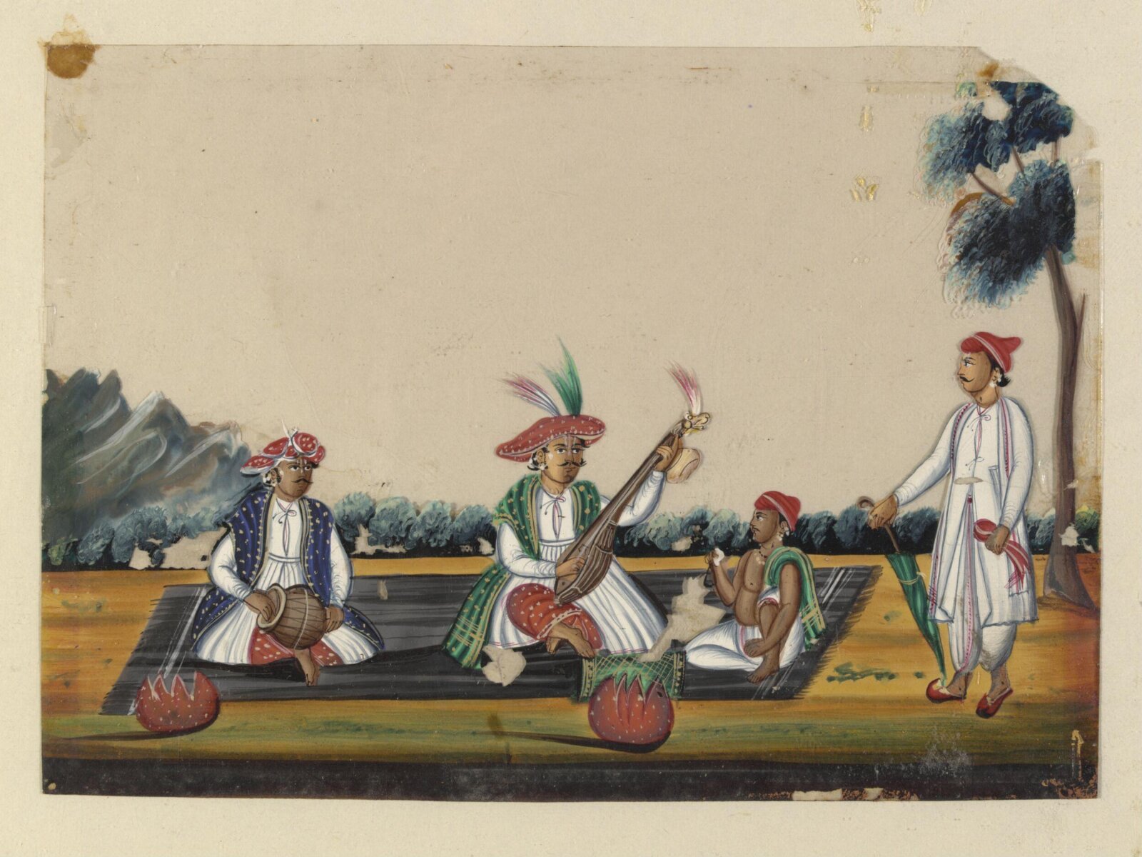 Three seated musicians and an onlooker, ca. 1860