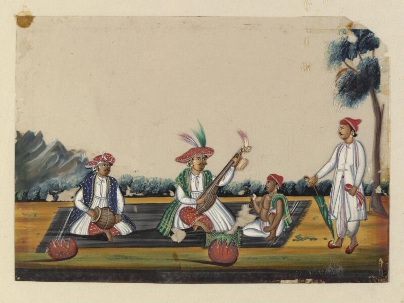 Three seated musicians and an onlooker