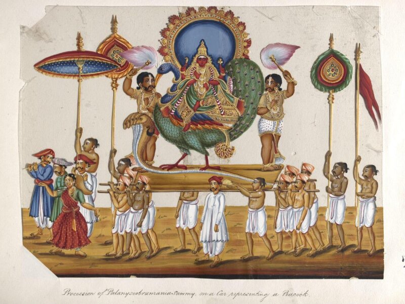 One of twenty mica paintings depicting Hindu deities and festival processions with decorated cars.