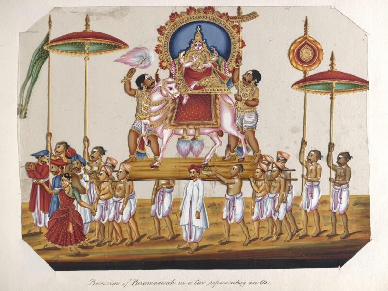 One of twenty mica paintings depicting Hindu deities and festival processions with decorated cars.