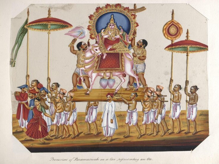 One of twenty mica paintings depicting Hindu deities and festival processions with decorated cars. top image