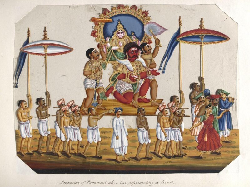 One of twenty mica paintings depicting Hindu deities and festival processions with decorated cars.