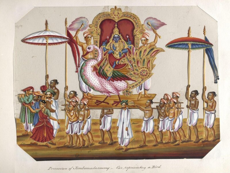One of twenty mica paintings depicting Hindu deities and festival processions with decorated cars.