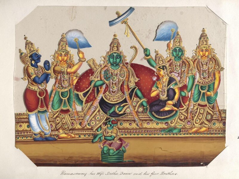 One of twenty mica paintings depicting Hindu deities and festival processions with decorated cars.