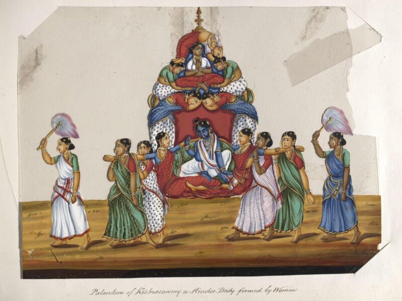 One of twenty mica paintings depicting Hindu deities and festival processions with decorated cars.