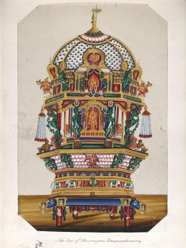 One of twenty mica paintings depicting Hindu deities and festival processions with decorated cars.