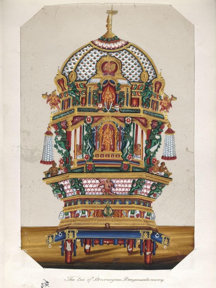 One of twenty mica paintings depicting Hindu deities and festival processions with decorated cars. top image