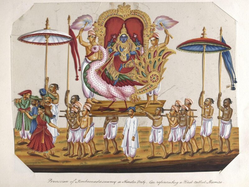 One of twenty mica paintings depicting Hindu deities and festival processions with decorated cars.