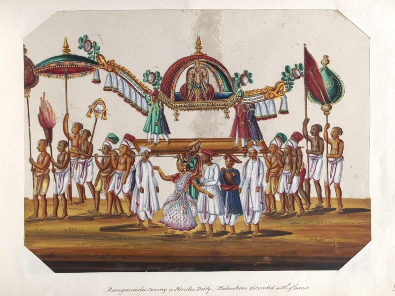 One of sixteen mica paintings depicting Hindu deities and festival processions with decorated cars.