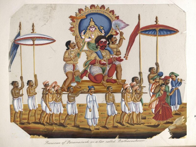 One of twenty mica paintings depicting Hindu deities and festival processions with decorated cars.