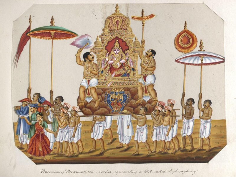 One of twenty mica paintings depicting Hindu deities and festival processions with decorated cars.