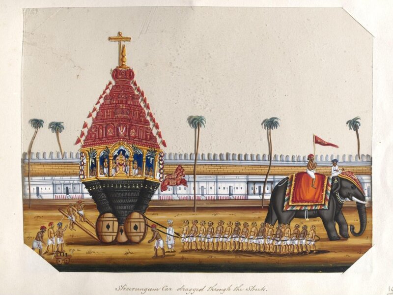 One of sixteen mica paintings depicting Hindu deities and festival processions with decorated cars.