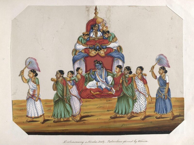 One of sixteen mica paintings depicting Hindu deities and festival processions with decorated cars.