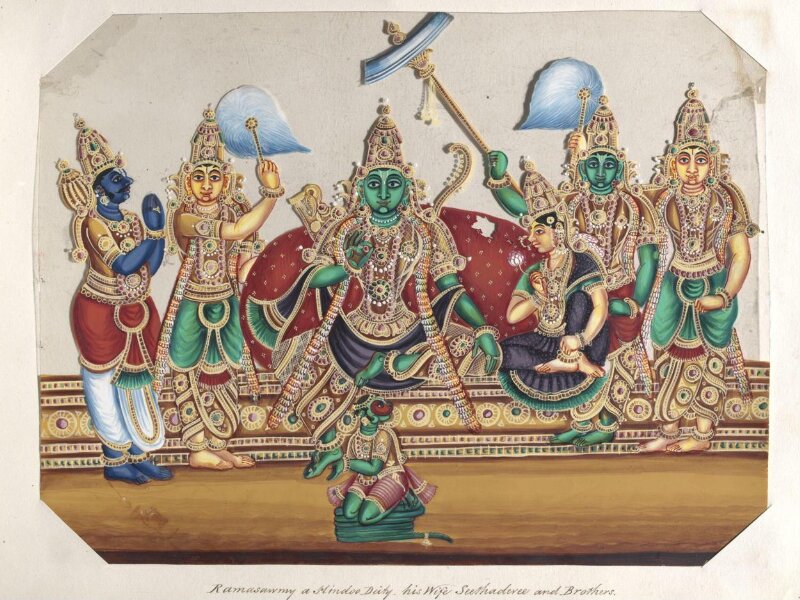 One of sixteen mica paintings depicting Hindu deities and festival processions with decorated cars.