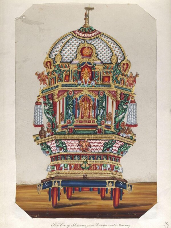 One of sixteen mica paintings depicting Hindu deities and festival processions with decorated cars.