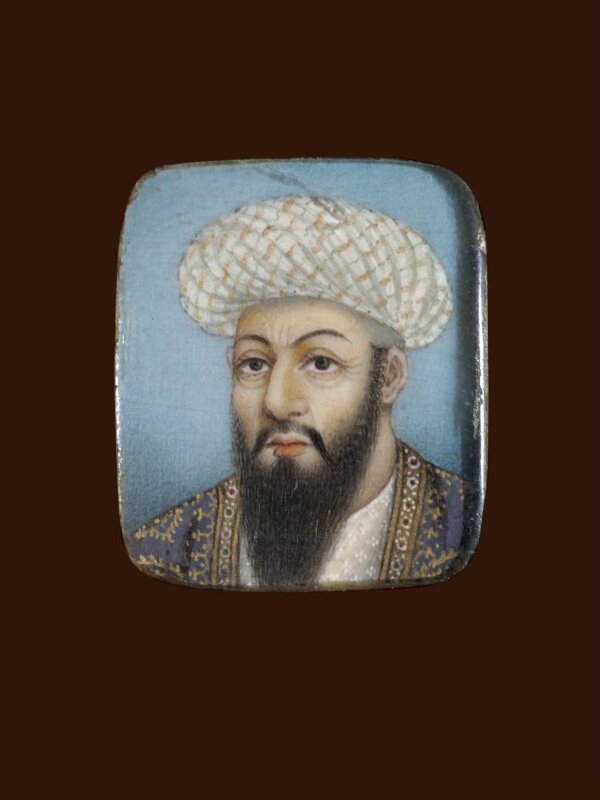 A wooden panel containing ten ivory miniatures, formerly mounted in two bracelets, depicting Indian rulers.
