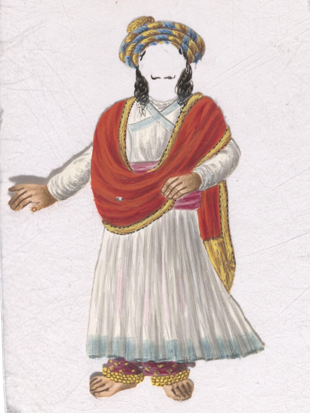 Unknown, A Box covered and lined with brocade containing a card painted with a face, and with a verandah covered with a striped rug; also twelve mica overlays depicting dancers and musicians.