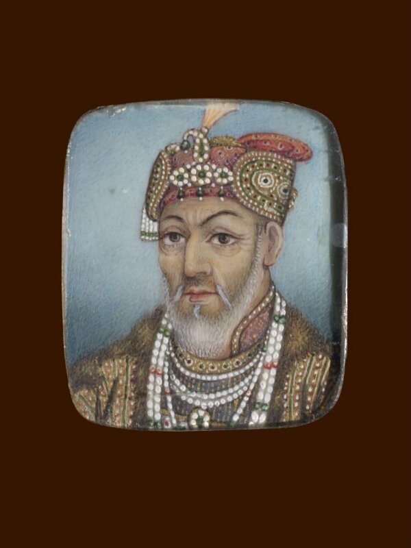 A wooden panel containing ten ivory miniatures, formerly mounted in two bracelets, depicting Indian rulers.
