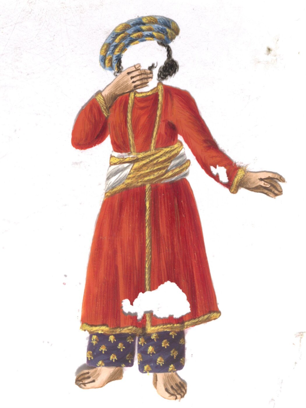 Unknown, A Box covered and lined with brocade containing a card painted with a face, and with a verandah covered with a striped rug; also twelve mica overlays depicting dancers and musicians.