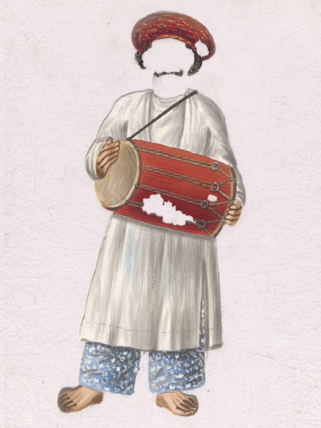 Unknown, A Box covered and lined with brocade containing a card painted with a face, and with a verandah covered with a striped rug; also twelve mica overlays depicting dancers and musicians.