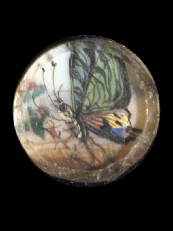 One of twenty-six ivory buttons painted with butterflies.