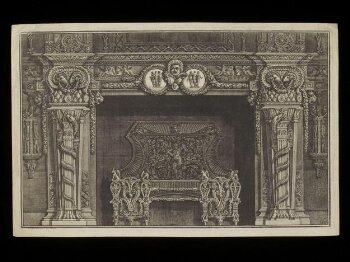 Chimneypiece: Two cameos with the Three Graces to either side of three masks on the lintel