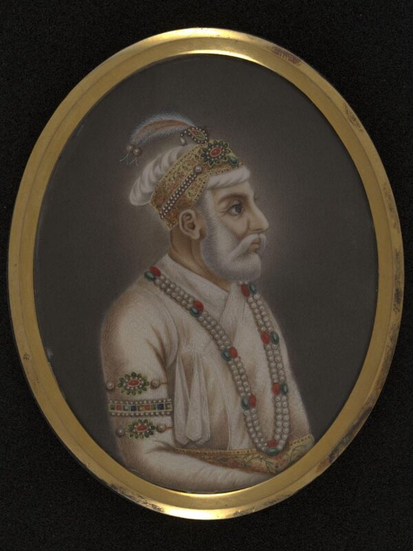 One of twelve miniatures depicting Mughal rulers of India; head and shoulders in profile.