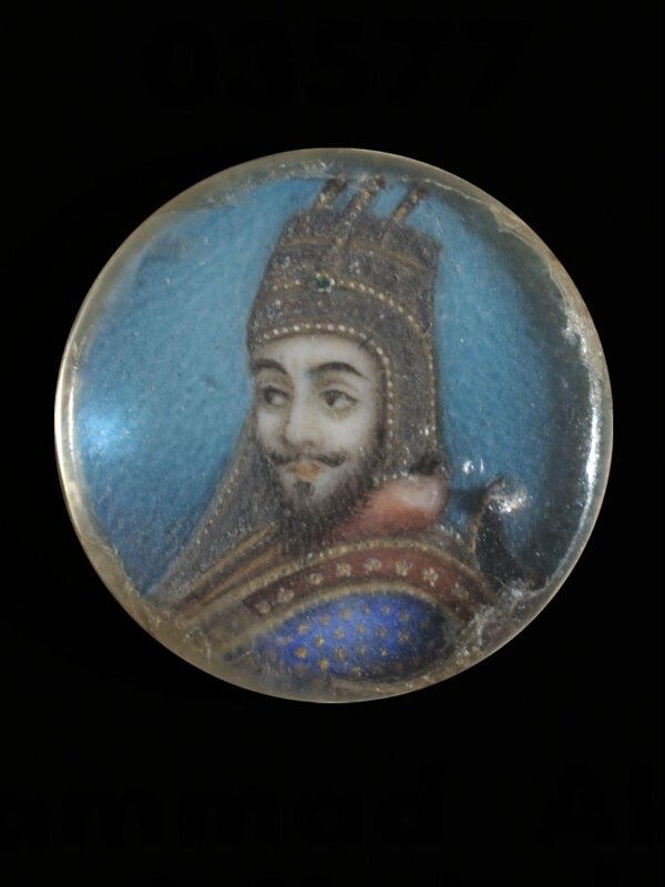 One of twelve tiny paintings depicting Mughal emperors, Afghan and Sikh nobles, and Mughal ladies.