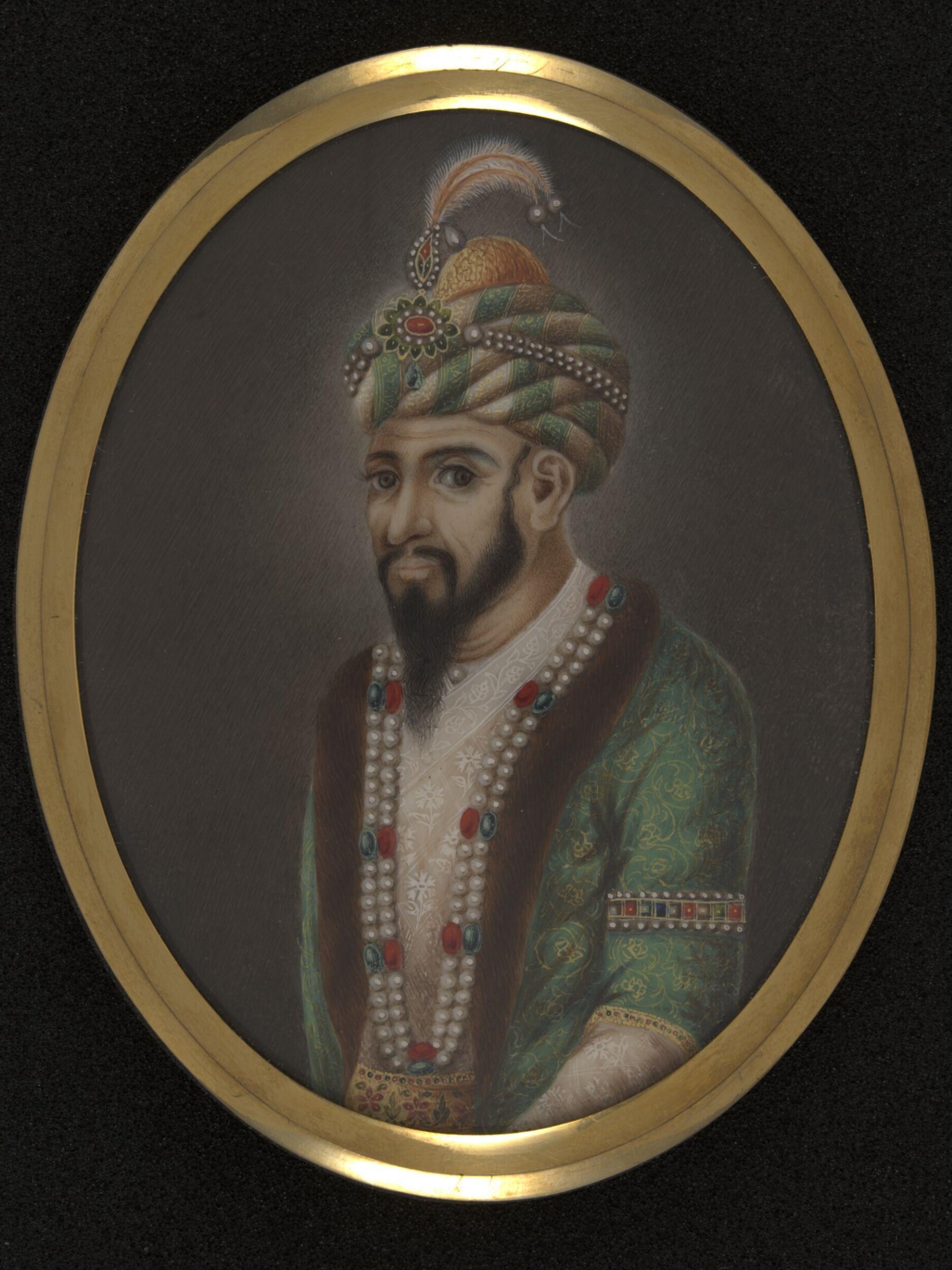 One of twelve miniatures depicting Mughal rulers of India; head and shoulders in profile., ca. 1850