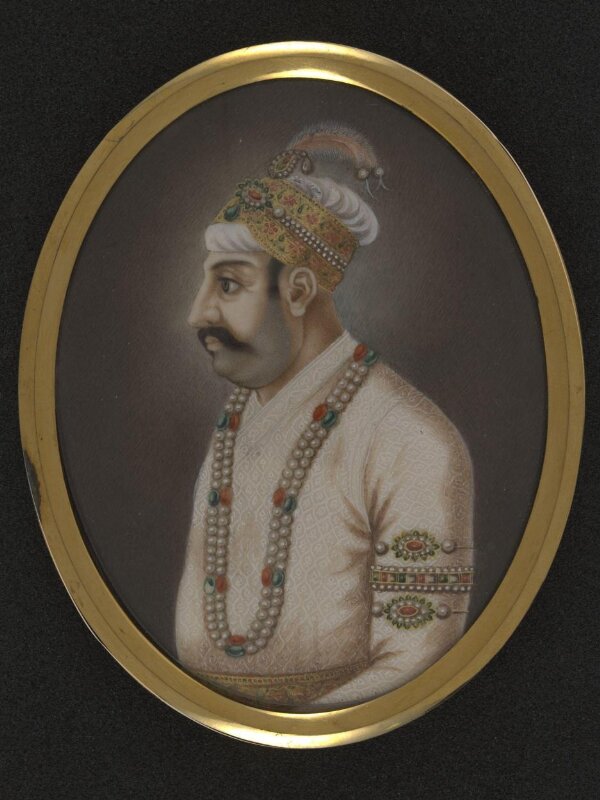 One of twelve miniatures depicting Mughal rulers of India; head and shoulders in profile.