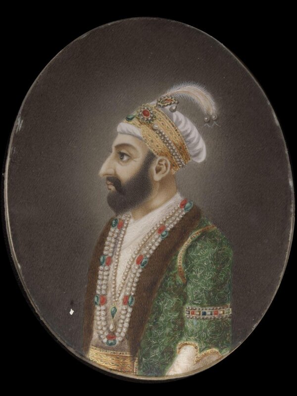 One of twelve miniatures depicting Mughal rulers of India; head and shoulders in profile.