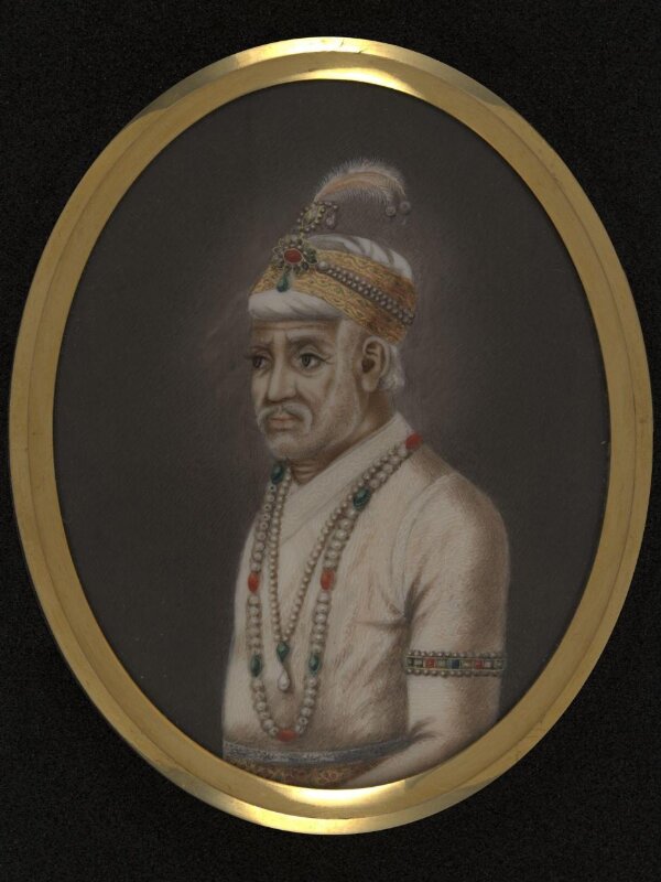 One of twelve miniatures depicting Mughal rulers of India; head and shoulders in profile.