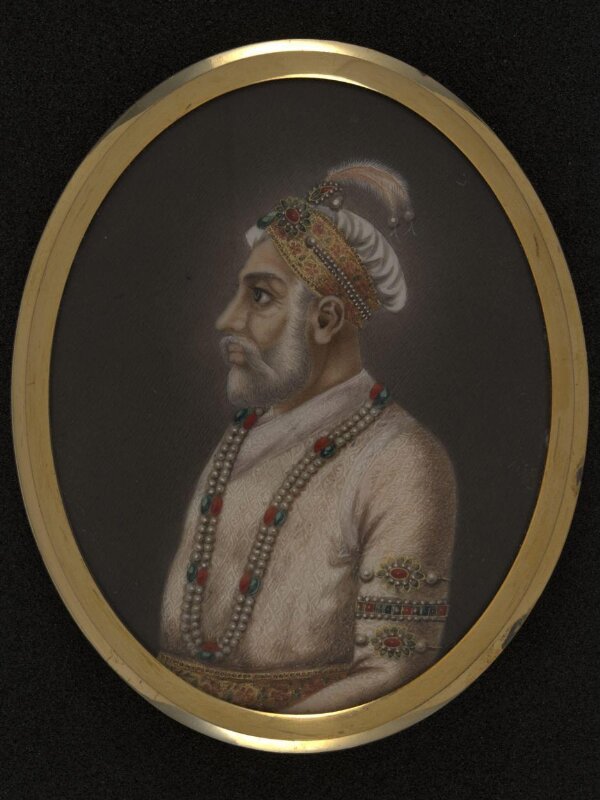 One of twelve miniatures depicting Mughal rulers of India; head and shoulders in profile.