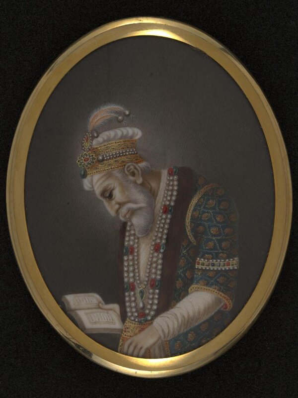 One of twelve miniatures depicting Mughal rulers of India; head and shoulders in profile.