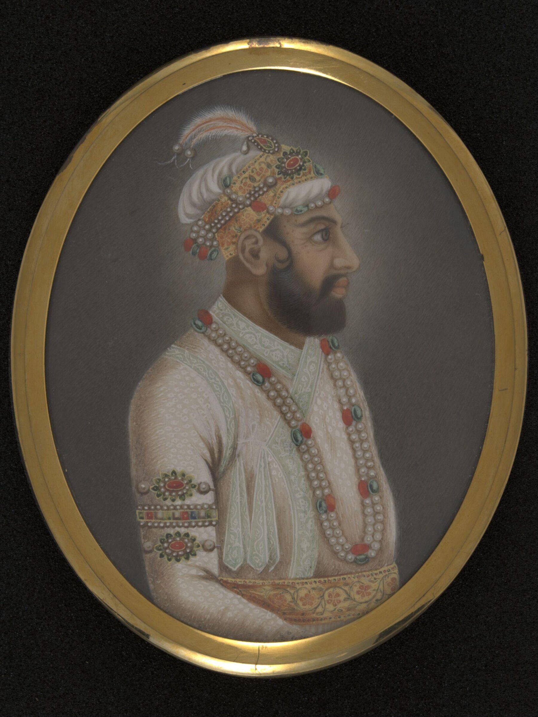 One of twelve miniatures depicting Mughal rulers of India; head and shoulders in profile., ca. 1850