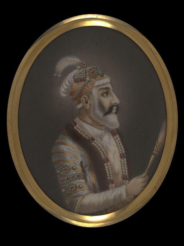 One of twelve miniatures depicting Mughal rulers of India; head and shoulders in profile.