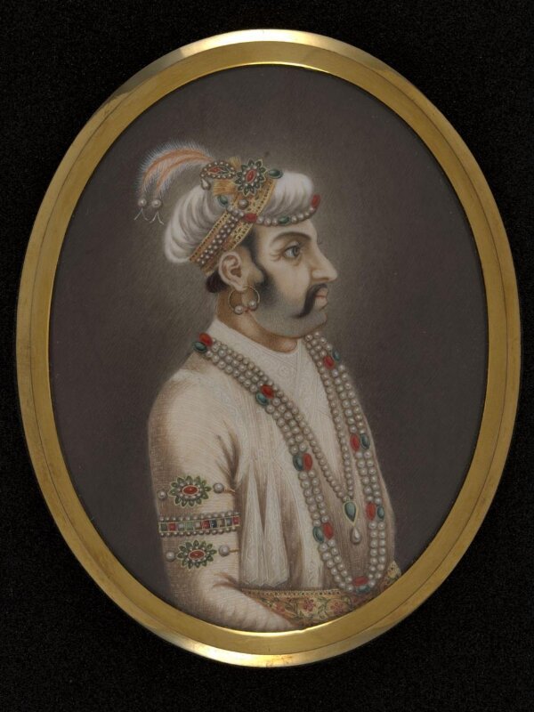 One of twelve miniatures depicting Mughal rulers of India; head and shoulders in profile.