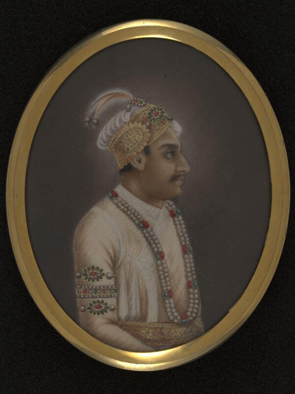 One of twelve miniatures depicting Mughal rulers of India; head and shoulders in profile.
