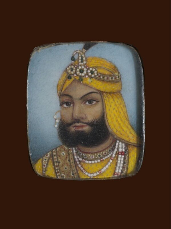 A wooden panel containing ten ivory miniatures, formerly mounted in two bracelets, depicting Indian rulers.