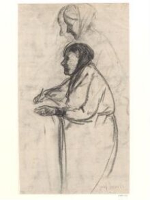 recto: Three-quarter-length study of an old woman wearing a kerchief and alternative studies for her profile thumbnail 1