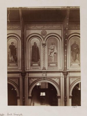 South Kensington Museum, Interior view of South Court showing 'Kensington Valhalla' mosaics of Apelles, Pisano, Cimabue and Torrel
