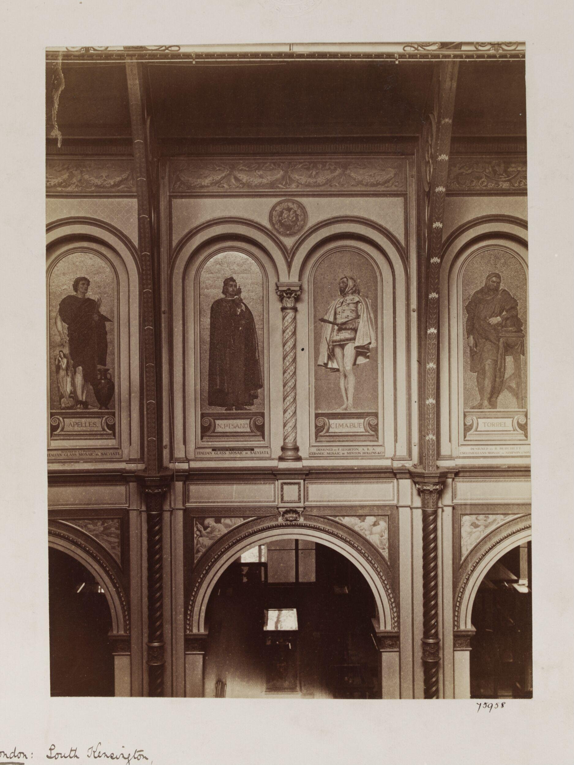 South Kensington Museum, Interior view of South Court showing 'Kensington Valhalla' mosaics of Apelles, Pisano, Cimabue and Torrel