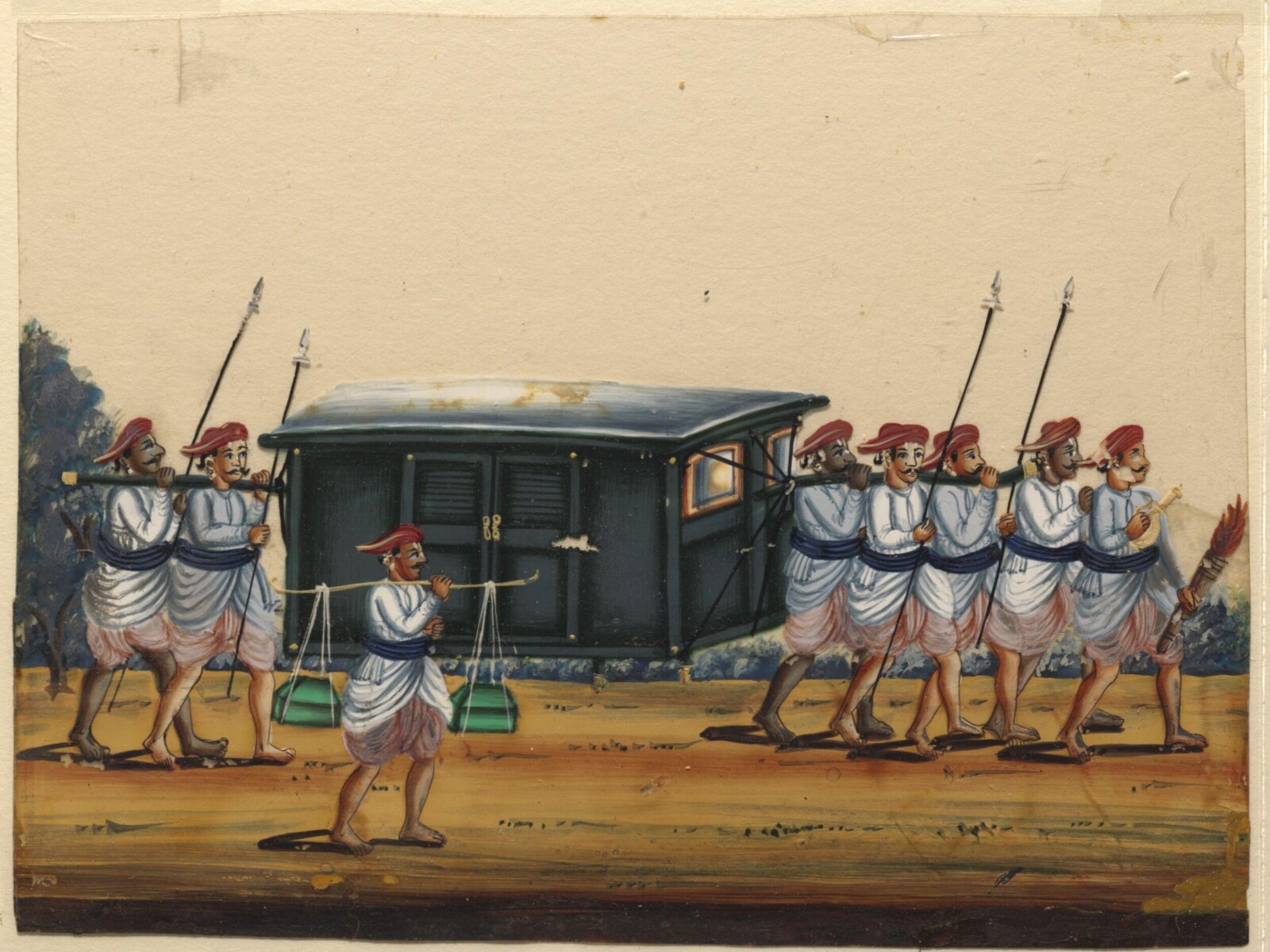 A palanquin with six carriers, ca. 1860