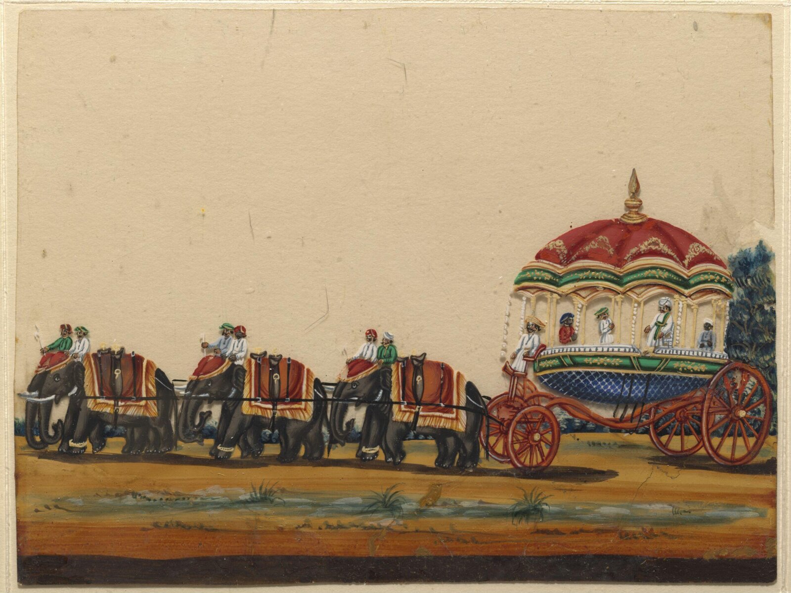 A carriage drawn by six elephants, ca. 1860