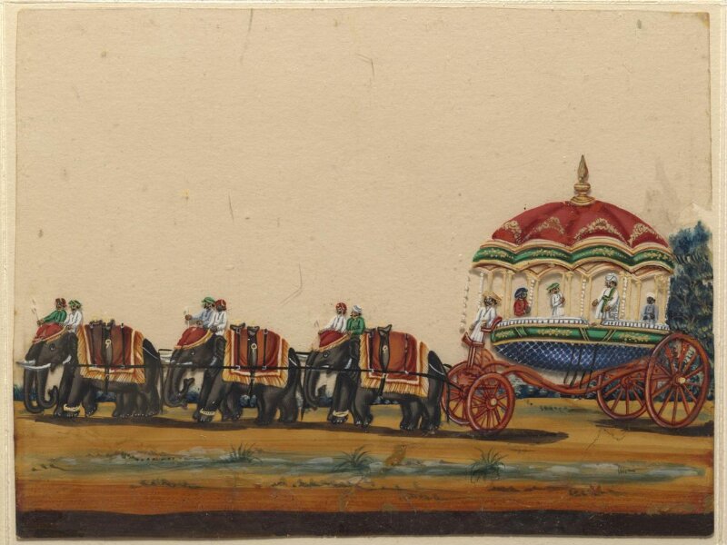 A carriage drawn by six elephants 