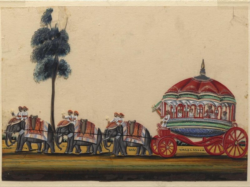 A carriage drawn by six elephants.